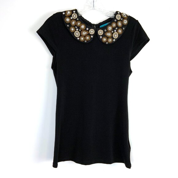 Alice + Olivia Mary Black Embellished Peter Pan Cup Sleeve Top Sz S - Picture 13 of 16